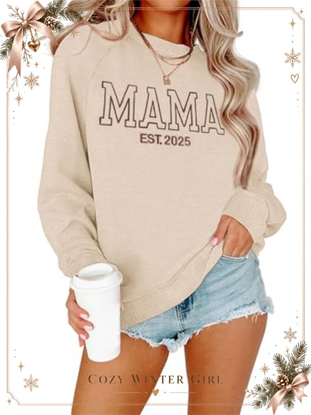 Womens Embroidered Mama Crewneck Long Sleeve Pullover Sweatshirt Cotton